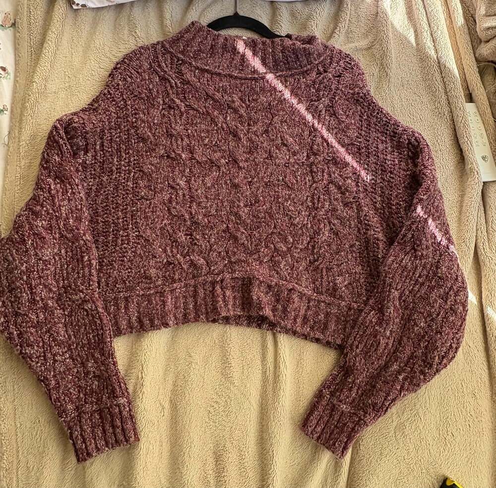 Free People Merry Go Round Sweater Size L Very Berry Cable Knit Chunky